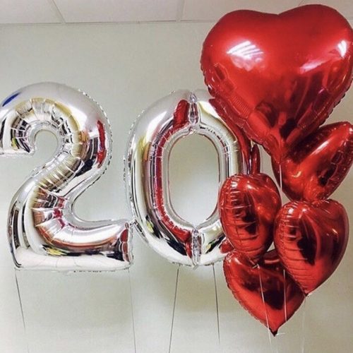Number 20 and 5 RED Hearts Balloons