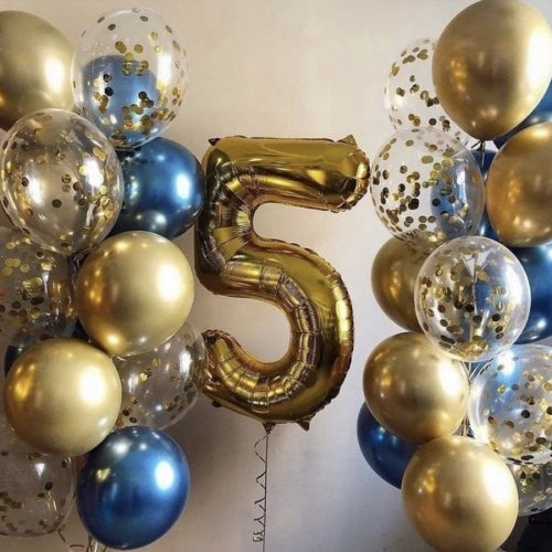 Number 5 golden and blue balloons