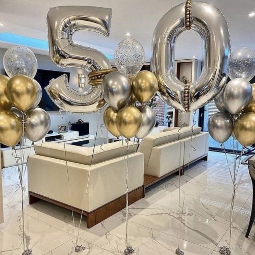 Number 50 gold and silver balloons