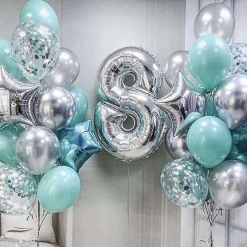 Number 8 silver and turquoise balloons