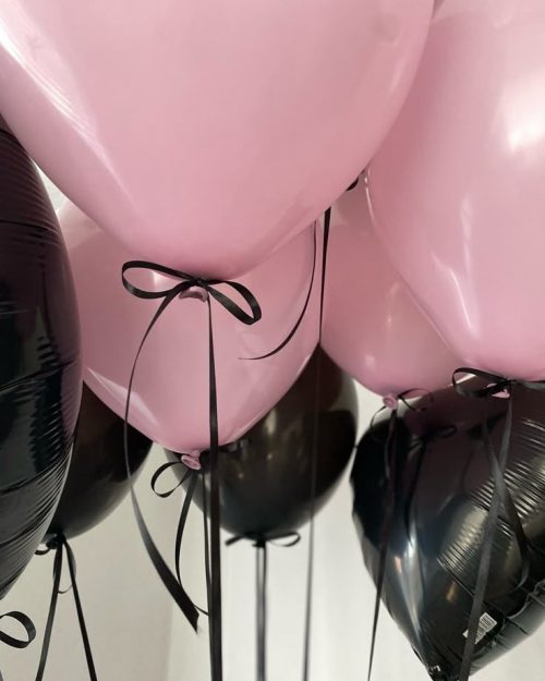 30 Helium Balloons (Black & Pink with Black Satin Ribbons & Bows)