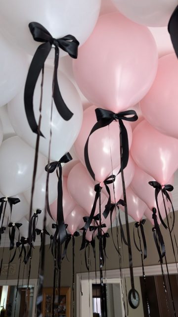 30 Helium Balloons (White & Pink with Black Satin Ribbons & Bows)