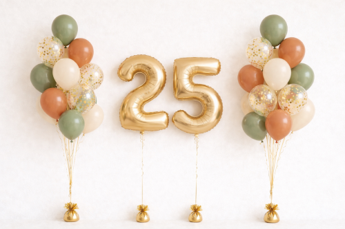 number 25 helium balloons terracotta cream green confetti