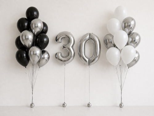 number 30 helium balloons black white silver