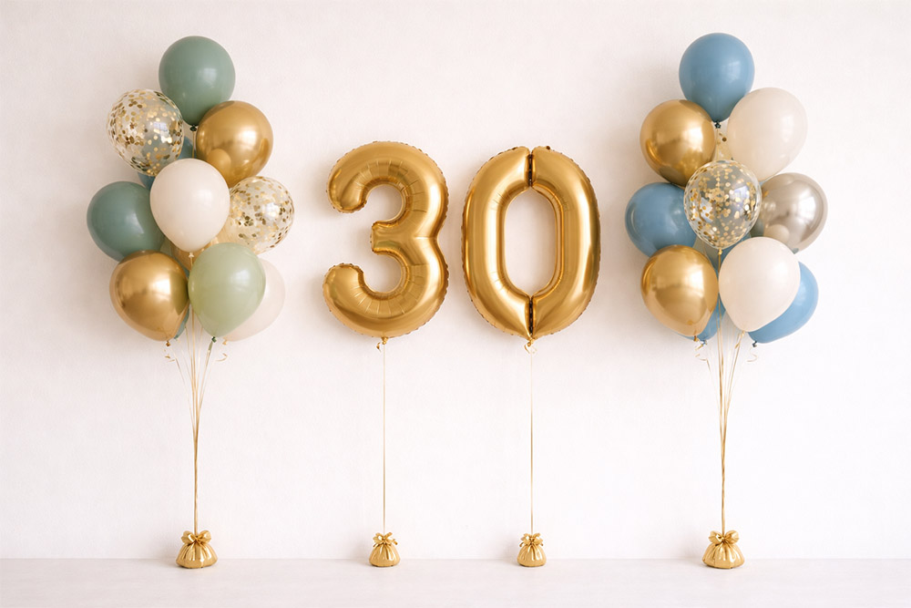 Number 30 Helium Balloons Gold Green Blue